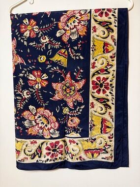 Talbots silk scarf navy yellow red floral batik style rolled edges square